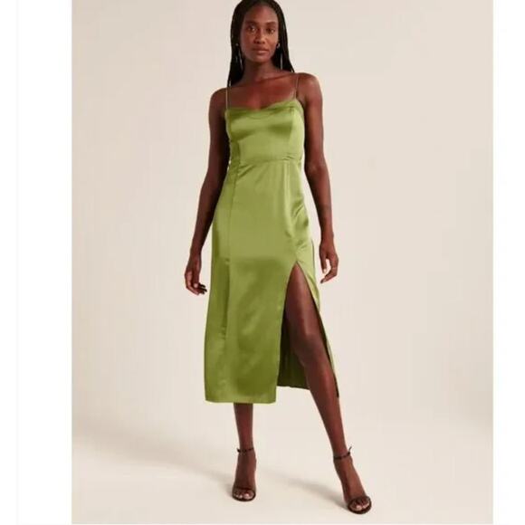 Abercrombie & Fitch Dresses & Skirts - Abercrombie and Fitch Camille Green Satin Midi Dress Size Large Olive Green Date